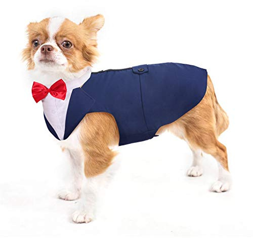 Hund Smoking, Hundeanzug Hochzeit - Hundekostüm mit Hunde Halsband und Bandana - Dog Tuxedo (Blau, S)