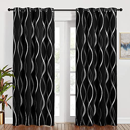 PONY DANCE Thermal Door Curtains Blackout - Foil Decorative Black Curtains Silver Wave Line Printed, 52 Inch Wide x 84 Inch Drop, Black out Soundproof Curtains for Living Room/Bedroom, 2 Panels