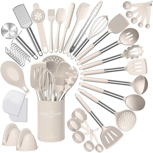 Umite Chef Silikon-Küchenutensilien-Set, 43-teiliges Pfannenwender-Set mit Edelstahlgriff, antihaftbeschichtet, hitzebeständig, bestes Kochgeschirr-Set, Khaki