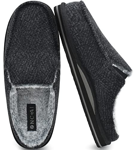 ONCAI Zapatillas de Casa Hombre Rayas Confort Mezcla de algodón Pantuflas con Felpa Espuma de Memoria Soporte del Arco Antideslizante Suela Negro Talla 43