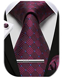 HISDERN Herren Hochzeit Dunkelrot Krawatten und Einstecktuch Krawatte Plaid Manschettenknöpfe-Krawattenklammer-Set
