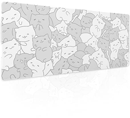 Gaming-Mauspad mit weißen Kawaii-Katzen, XL, niedliches Anime-Kätzchen, japanische erweiterte große Schreibtischunterlage, rutschfeste Gummiunterseite, genähter Rand, lange Tastatur-Mauspad für PC,