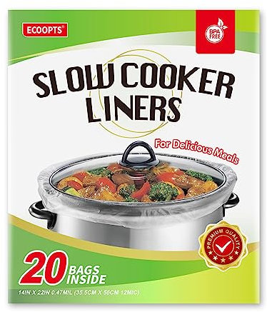 ECOOPTS 20 Bags Extra Large Slow Cooker Liners |Slow Cooker Bags Fits 6-10 QT Pot | Suitable for Oval & Round Pot, BPA Free (1 Pack 14''x 22'' /Bags)