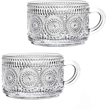 Amzcku Juego de 2 tazas de té de café vintage, tazas de vidrio de 14 onzas con asa, para capuchino, café con leche, cereal, yogur, bebida caliente/fría, leche
