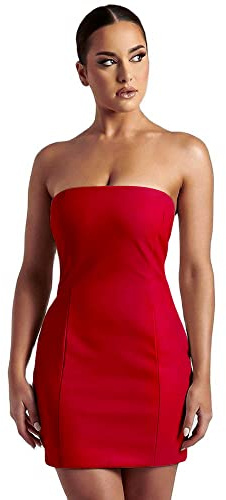 XLLAIS - Mini Abito Sexy da Donna, con Spalle Scoperte, in Finta Pelle, Senza Spalline, Mini Abito Aderente per Feste e Discoteche, Abito a Tubino, Bodycon, Rosso 1, M