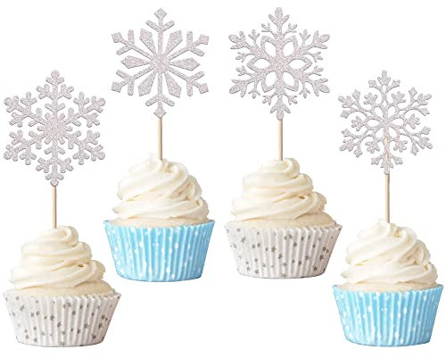 Xsstarmi 24 Stück Schneeflocken-Cupcake-Topper Glitzer Winter Frozen Schneeflocke Cupcake Picks für Babyparty Kinder Geburtstag Weihnachten Party Kuchen Dekorationen Zubehör Silber