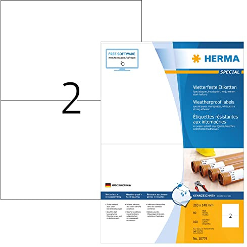 HERMA 10774 Wetterfeste Etiketten imprägniert, 80 Blatt, 210 x 148 mm, 2 Stück pro A4 Bogen, 160 Aufkleber, selbstklebend, bedruckbar, matt, blanko Outdoor Klebeetiketten aus Spezialpapier, weiß