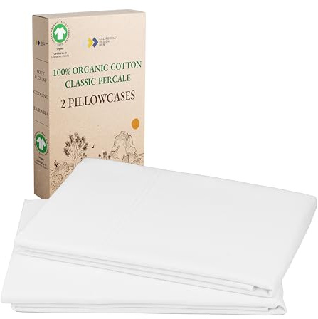 California Design Den 100% Organic Cotton Pillow Cases Queen/Standard Set of 2, Soft & Crisp Percale Weave Cotton Pillowcases (Bright White)