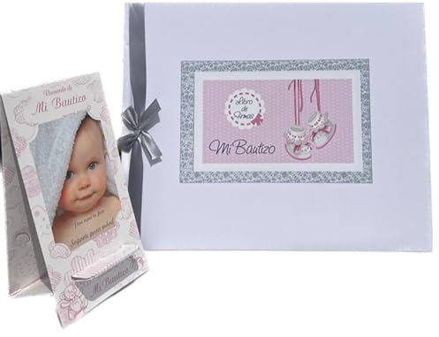 Libro de firmas bautizo bebe niña, libro visitas medidas, 27,5 x 23 x 2, 64 paginas, tapa dura, forrada gua Flex, con lazo plateado, más porta móviles personalizable, para poner la foto del bebe