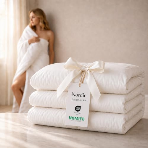 QUQON® Nordic Daunendecke – Handverlesene Daunen&Federn | 135x200 cm | Mittel (600g) Ganzjahresdecke | Oeko-TEX® & NOMITE Zertifiziert
