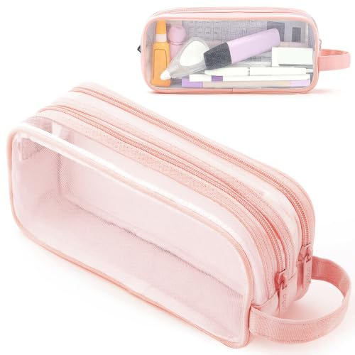 Rosa Federmäppchen Durchsichtig Große, Durchsichtig Mäppchen 2 Fächer Mädchen, Transparent Federmappe mit Reißverschluss Tragegriff, Tragbare Schlamppermäppche Stiftetasche Pencil Case Etui Schule