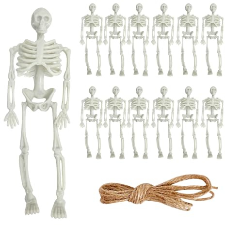 MEMOFYND 12 Pieces Skull Decoration with 5m Twine, Halloween Skull, Plastic Skeleton, Realistic Skull Statue, Movable Joints, Skull Decoration Toys, Suitable for Halloween Cemetery Decoration (Beige)