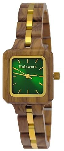 Holzwerk Germany Handgefertigte Designer Damen Öko Natur Holz-Uhr Braun Grün Gold Holz Armband-Uhr Analog Eckig Klassisch