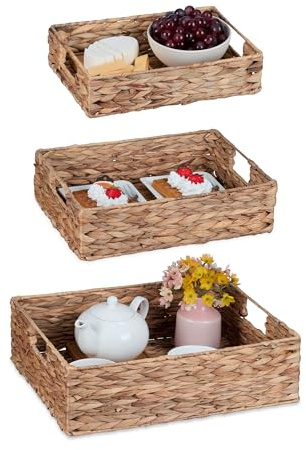 Relaxdays Tablett Wasserhyazinthe, 3er Set, Esstablett mit Griffen, geflochtenes Tragetablett, 3 Größen, eckig, Natur