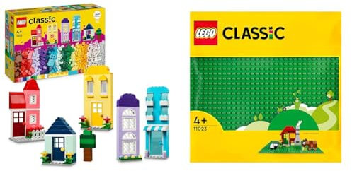 LEGO Classic Kreative Häuser, Bausteine-Set für Kinder, Konstruktionsspielzeug & Classic Grüne Bauplatte, quadratische Grundplatte mit 32x32 Noppen
