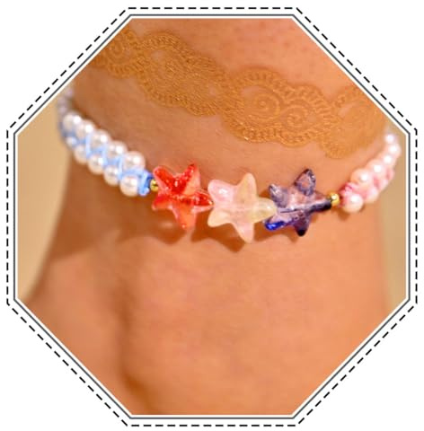 Jovono Bracelet de cheville bohème avec perles et étoiles - Bleu et rose - Pour femmes et filles