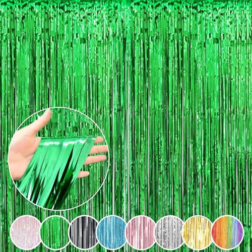 Metallic Tinsel Foil Fringe Curtains, Photo Booth Backdrop Hanging Door Streamers for Birthday Party Decorations (3.2Ft x 6.56Ft) (1, Green)