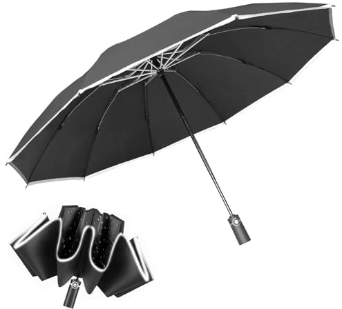 Winddichter Reise-Regenschirm mit umgekehrter Faltung – Automatikschirm mit Reflektorstreifen & 10 verstärkten Rippen, tropffrei, kompakt & leicht für Auto, Rucksack, Büro