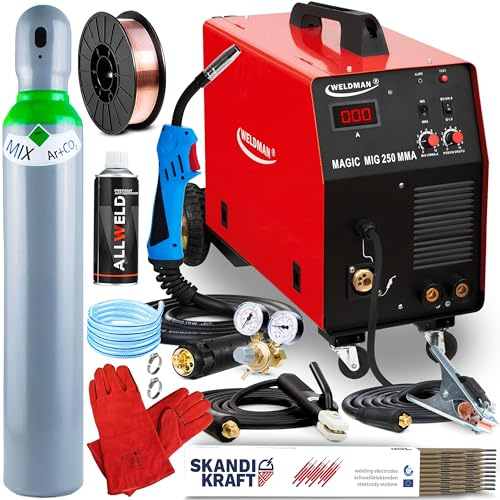 Weldman Magic MIG 250 - poste a souder mig avec gaz 200A 230/400V - MMA et fil fourré - chariot mobile, dévidoir à 4 roulettes pour bobines de 15 kg - Euroconnecteur - Kit Pro
