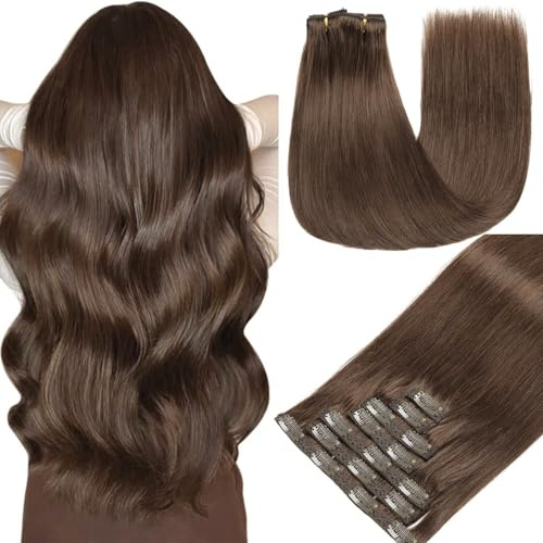 GUDOZO clip in extensions echthaar Mittelbraun 7pcs 50cm 120g Echthaar extensions clip Nahtlose Echthaar Clip-In Volumen Damen