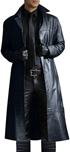RLEHJN Ledermantel Herren Lang Leder Trenchcoat Schwarz Winterjacke Vintage Leder Übergangsjacken Große Größen Modischer Elegantes Einreihiger Jacke Winter Winddichte Langer Lederjacke Fliegerjacke
