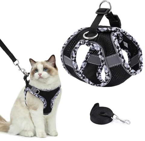 Brifit Katzenleine mit Geschirr Set, Kleines Hundegeschirr Einstellbares Katzengeschirr mit Schnellverschluss, Reflektierende Weste für Kleine Hunde und Hauskatzen [XS] Anwendbares Gewicht: 3-5Kg