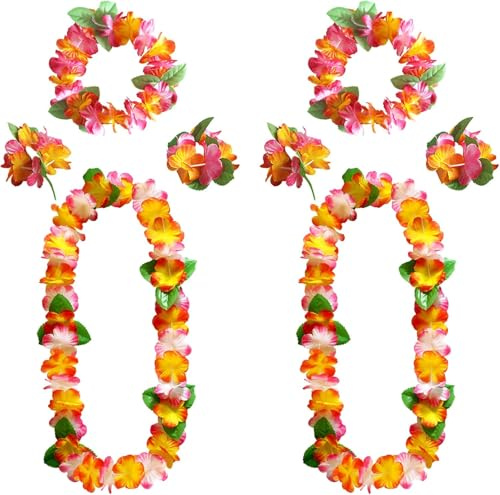 8 Stück Hohe Dichte Hawaii Kette Blumen mit 4 Armbänder 2 Stirnbänder 2 Halsketten, Hawaii Blumenkette, Blumenkette mit Grünen Blättern, Hawaii Beach Party Dekorations und Themenbezogenen Geburtstage
