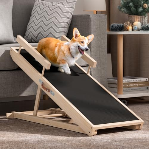 Chuiendi Dog Ramp for Bed, Couch, Car, Folding Pet Ramps 44.48 Long Adjustable 15-22 Wooden Stairs with Anti-Slip Rubber Mat & Safety Side Rails for Small & Medium Old Dogs & Cats, up to 200 lbs