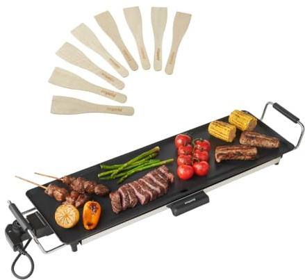 Emperial Teppanyaki Grill - Electric BBQ Grill with Non-Stick Table Top Plate, 2000W, Easy Clean, Adjustable Temperature Control, Oil Drip Tray & 8 Spatulas - 70x23x10cm