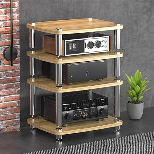GUAWJRZDP Hölzerner Hi Fi Regal, Hi Fi Rack mit Stoßdämpfenden Füßen, Audio Rack Hi Fi Regal, Record Player Stand for Entertainment-Stereo, Rack-Audio-Tower mit Metallstahlrahmen(Wood,4-Tier)