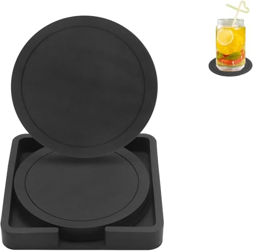 Black Silicone Coaster Set (6-Piece) Includes Silicone Coaster Holder, Non-Slip Heat-Resistant Coasters, Easy-Clean Round Coasters Suitable for Coffee, Tea, Beer, and Home Table Protection