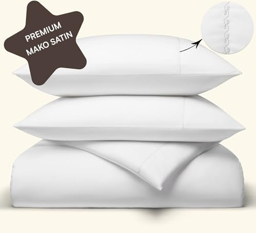 Amqua Mako Satin Bettwäsche 135x200 Weiß mit Stickerei | inkl 80x80 Kissenbezug| Bettwäsche Set 135x200| wie Seidenbettwäsche oder Baumwollsatinbettwäsche| weiche & hochwertig|LUMI