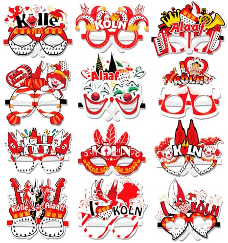 HOWAF 24 Partybrille Karneval Köln Accessoires, Köln karneval Partybrille, Kölle Alaaf Brillen, Papierbrille Karneval Köln Foto Requisiten für Karneval Kostüm Köln, Faschingskostüme, Fasching Kostüm
