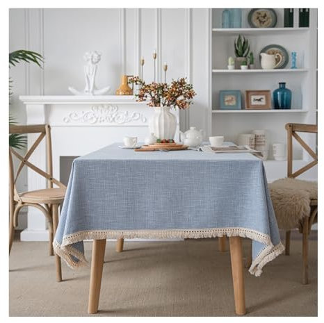 Tischtuch 140x220CM, Polyester Abwaschbare Tischdecke Einfarbig Mit Quaste Hellblau Tischdecke Abwaschbar Rechteck