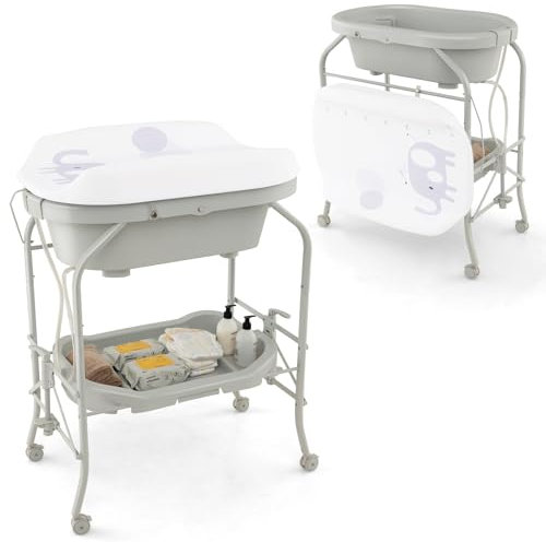 COSTWAY 4 in 1 Wickeltisch klappbar mit Badewanne, tragbare Wickelkommode mit Wickelauflage, mobile Wickelstation mit Universalrädern für 0-12 Monate Baby, bis 35 kg belastbar (Hellgrau)