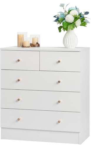 LEADZM Commode Blanche à 5 tiroirs, Meuble Rangement, Commode Chambre