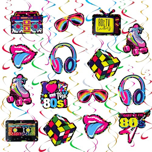 80s Party Decoration, Kaluofan 38 PCS 80s Disco Party Decorations for Adults, Disco Party Retro Decor Spirals Hanging Decorations for Birthday Carnival Neon Party Hip Hop Rock Party Decoration