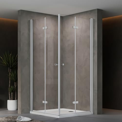 AQUENITH Duschkabine 75x90cm Eckeinstieg Doppel Duschabtrennung Falttüren Rahmenlos Duschtrennwand Eckdusche Duschtür Faltbar aus 6mm ESG Glas 180º Drehfalttür Höhe 185cm