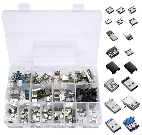 AYWHP 180 PCS USB 2.0 3.0 Tipo A Tipo C Micro USB Macho Hembra Adaptador de Enchufe, Kit Surtido de Conectores USB para soldar, Montaje en PCB, Piezas de reparación de Repuesto para Soldadura