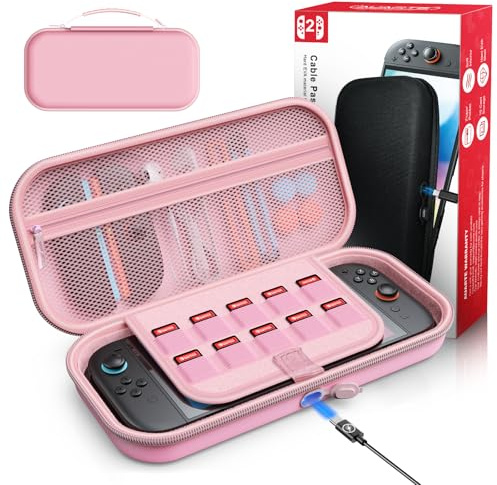 Auarte [Charge à l'intérieur] Étui pour Nintendo Switch 2 Console (2025), Protection Housse de Voyage Portable avec Pochette pour Switch 2 Accessoires et 10 Cartes de Jeux, Switch Coques (Rose)