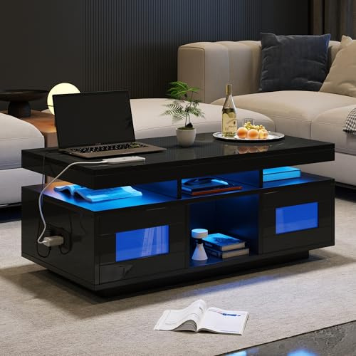 Merax Couchtisch Schwarz, Wohnzimmertisch Hochglanz mit LED Beleuchtung, Beistelltisch Kaffeetisch mit Schrank & Offene Staufächer, Sofatisch mit Ladeanschluss, Rechteckiger Mitteltisch, 100×50×43cm