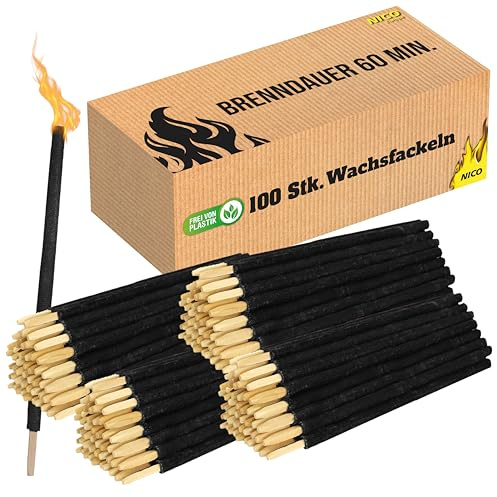 Nico Feuerwerk® 100 Stück Wachsfackeln, Brenndauer 60 Min. I hochwertige Fackeln aus Wachs mit Handschutz I Garten-Fackel für Outdoor Party, Event, Nacht-Wanderung