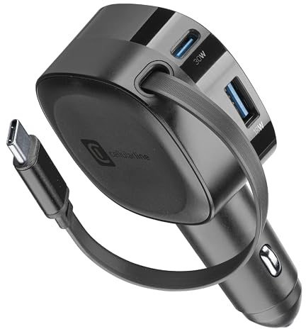 Cellularline - Chargeur Voiture Rétractable Cellularline 60W avec Câble USB-C de 70 cm Power Delivery 30W + Port USB-C 30W + USB-A 18W QC, 12V/24V