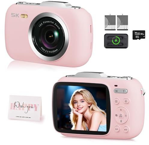 5K Digital Camera 80MP Vlogging Camera 18X Zoom Phtotgraphy Camera, Compact Digital Camera with Autofocus, Travel Camera for Girls Kids Beginners Adults with Flash, 32GB Card & 2 Batteries(Pink)