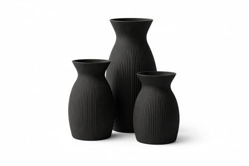 Konia™ Design Vase Set (3er Set) – Gerippte Dekovasen im modernen Skandinavischen Stil, Matt – Für Wohnzimmer, Esszimmer, Schlafzimmer & Büro – 3D Gedruckt (Schwarz, Small (Ø=5 x 6&8&10))
