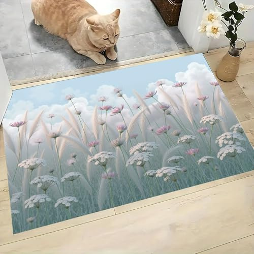 Zerbino Interno Casa 50x80 cm, Tappeto Sottile Canne E Fiori Selvatici Antiscivolo Zerbino Profilo Basso Stile Sognante E Bello Tappetino Lavabile per corridoio, terrazza, ingresso, Azzurro Cielo