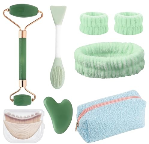 8 Stück Guasha Gesichtspflege Set, Entspannung Geschenk für Frauen | mit Guasha Stein und Gesichtsroller Rosenquarz, Kosmetiktasche, Haarband, Gesichtsreinigungsbürste, Massage Stein