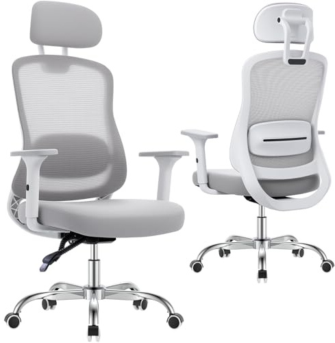 naspaluro Ergonomischer Bürostuhl mit Netzrücken, höhenverstellbar, feststellbare Rückenlehne, Schreibtischsessel für Büro Homeoffice Gaming, Weißgrau