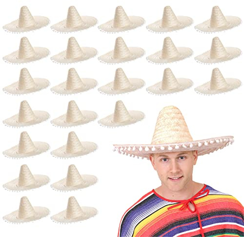 SOMBRERO NATURAL MÄN LADIES MEXICAN FANCY KLÄNNING TILLBEHÖRANDE HAT MED POM BÅRD BULK (24-pack)