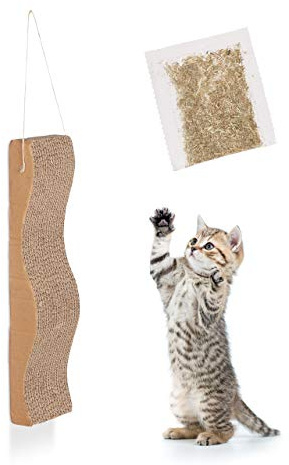 Relaxdays Kratzpappe, gewellt, mit Katzenminze, Katzenspielzeug aus Wellpappe, zum Aufhängen, HBT 5,5x45,5x12 cm, braun